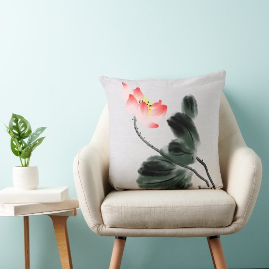 Chinoiserieヴィンテージインク洗絵画浄の蓮フローラ クッション (椅子)