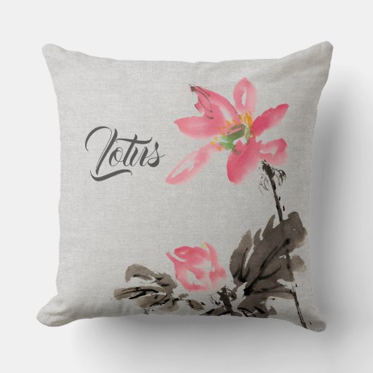 Chinoiserieヴィンテージインク洗絵画浄フローラ蓮 クッション (正面)