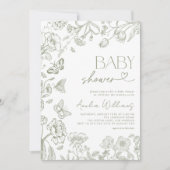Chinoiserieヴィンテージフローラセージ緑のベビーシャワー 招待状 (正面)