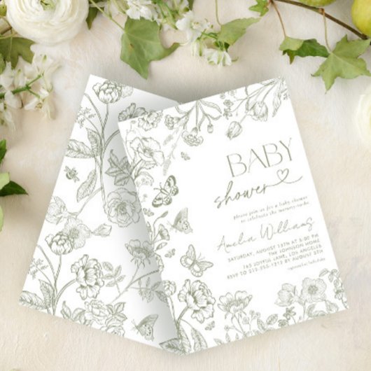Chinoiserieヴィンテージフローラセージ緑のベビーシャワー 招待状