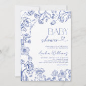 Chinoiserieヴィンテージフローラブルースクリプトベビーシャワー 招待状 (正面)