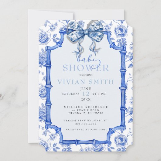 Chinoiserieヴィンテージ弓とフレーム赤ちゃんシャワーInvi 招待状 (正面)