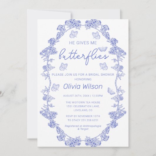 Chinoiserie彼は私与えの蝶ブライダルシャワー 招待状 (正面)