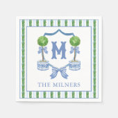 Chinoiserie水色の弓トピアリーモノグラムクレスト スタンダードカクテルナプキン (正面)