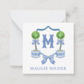 Chinoiserie水色の弓トピアリーモノグラムクレスト ノートカード (正面)