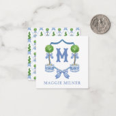 Chinoiserie水色の弓トピアリーモノグラムクレスト ノートカード (正面/裏面インサイチュ)