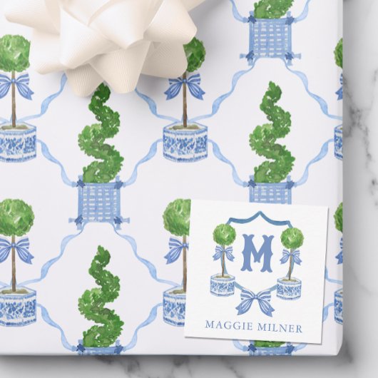 Chinoiserie水色の弓トピアリーモノグラムクレスト ノートカード