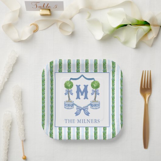 Chinoiserie水色の弓トピアリーモノグラムクレスト ペーパープレート (ウェディング)