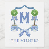 Chinoiserie水色の弓トピアリーモノグラムクレスト ワインラベル (シングルラベル)