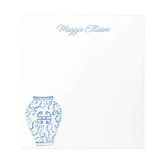 Chinoiserie水色ジンジャージャー瓶の花瓶メモ帳 ノートパッド (正面)