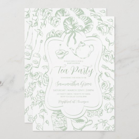 Chinoiserie茶男女兼用パーティー赤ちゃんシャワー 招待状 (正面/裏面)
