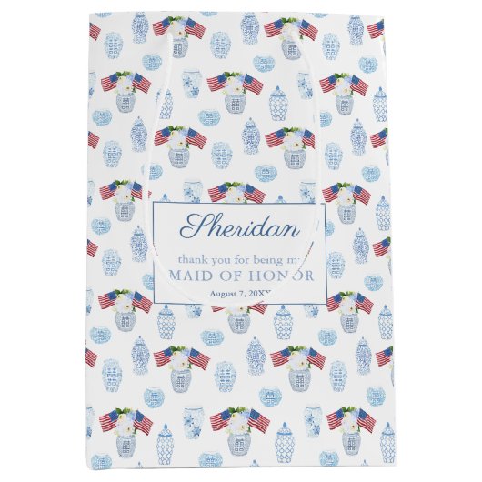 Chinoiserie赤白青結婚披露宴ありがとう ミディアムペーパーバッグ (正面)