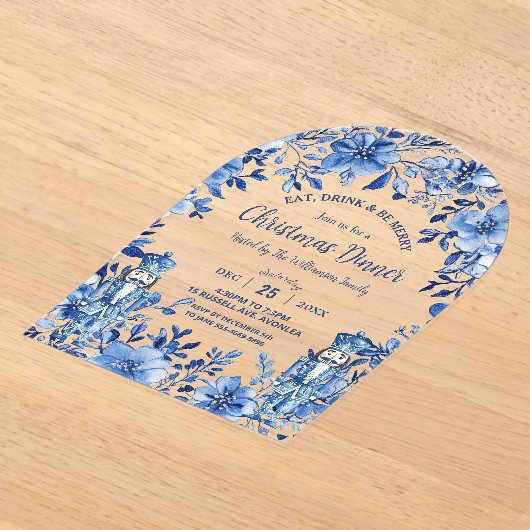 Chinoiserie青い白いフローラくるみ割りクリスマス アクリル招待状 (レイダウン)