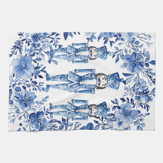 Chinoiserie青い白いフローラくるみ割りクリスマス キッチンタオル (横)