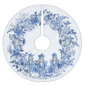 Chinoiserie青い白いフローラくるみ割り兵士 ブラッシュドポリエステルツリースカート (正面)