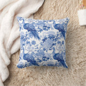 Chinoiserie青い白い孔雀フローラ鳥のパターン クッション (ブランケット)