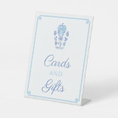 Chinoiserie青い白い赤ちゃんシャワーカードとギフト 台座サイン (正面)