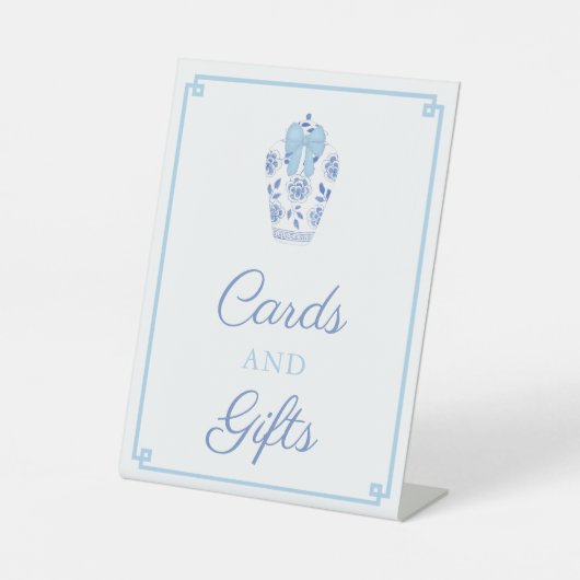 Chinoiserie青い白い赤ちゃんシャワーカードとギフト 台座サイン (正面)