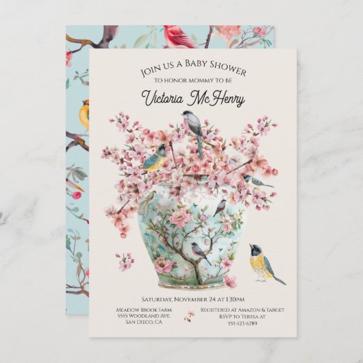 Chinoiserie鳥のさくらんぼ花赤ちゃんシャワー花器 招待状 (正面/裏面)
