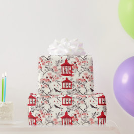 Chinoiserie Asianフローラ絵画の赤い切り離し ラッピングペーパー