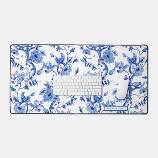 Chinoiserie Birdフローラブルーとホワイトオフィス デスクマット (キーボード&マウス)