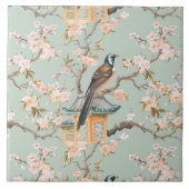 Chinoiserie Bird & Blossom Blush Sage Ceramic Tile タイル (正面)