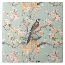 Chinoiserie Bird & Blossom Blush Sage Ceramic Tile タイル