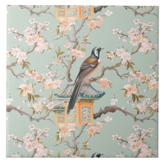 Chinoiserie Bird & Blossom Blush Sage Ceramic Tile タイル (正面)