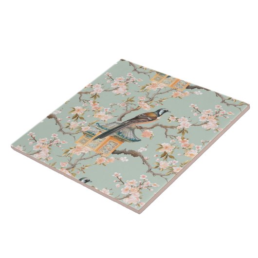 Chinoiserie Bird & Blossom Blush Sage Ceramic Tile タイル (側面)