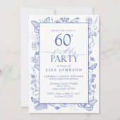 Chinoiserie Blueフランスの Script 60thバースデーパーティー 招待状 (正面)