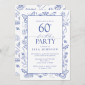 Chinoiserie Blueフランスの Script 60thバースデーパーティー 招待状 (正面/裏面)