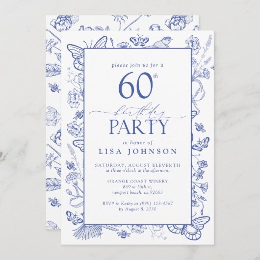 Chinoiserie Blueフランスの Script 60thバースデーパーティー 招待状 (正面/裏面)