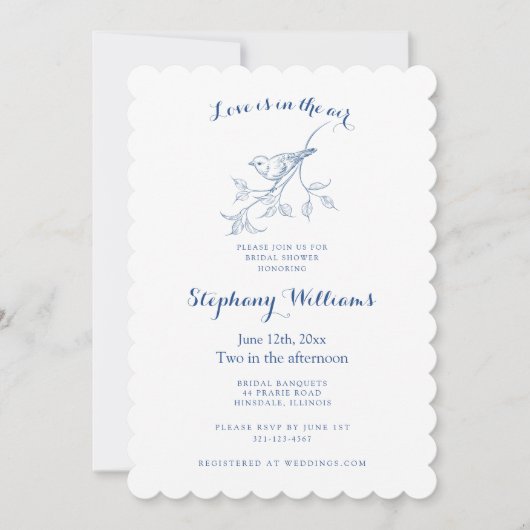 Chinoiserie Blue Bird Toile Vintage Bridal Shower  招待状 (正面)