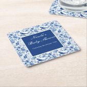 Chinoiserie Blue Birds and Flowers Baby Shower スクエアペーパーコースター (アングル)
