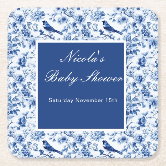 Chinoiserie Blue Birds and Flowers Baby Shower スクエアペーパーコースター (正面)