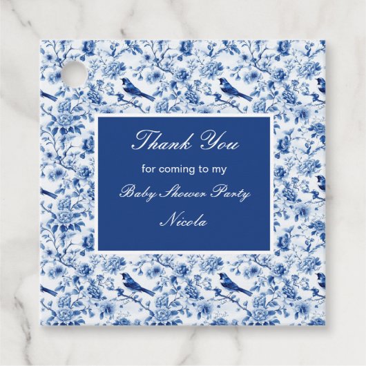 Chinoiserie Blue Birds and Flowers Baby Shower フェイバータグ (正面)
