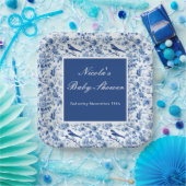 Chinoiserie Blue Birds and Flowers Baby Shower ペーパープレート (パーティー)