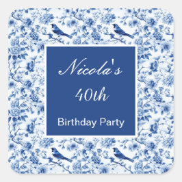 Chinoiserie Blue Birds and Flowers Birthday スクエアシール