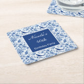 Chinoiserie Blue Birds and Flowers Birthday スクエアペーパーコースター (アングル)