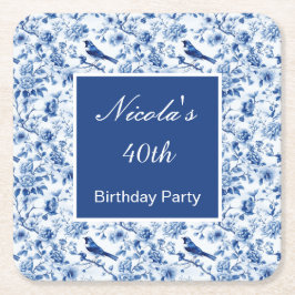 Chinoiserie Blue Birds and Flowers Birthday スクエアペーパーコースター