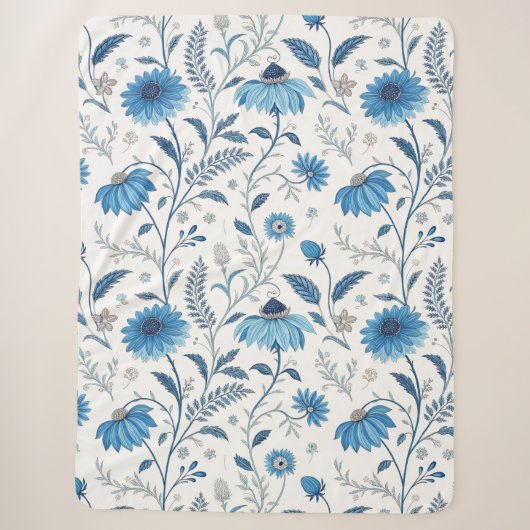 Chinoiserie Blue Echinacea Pattern シェルパブランケット (正面)