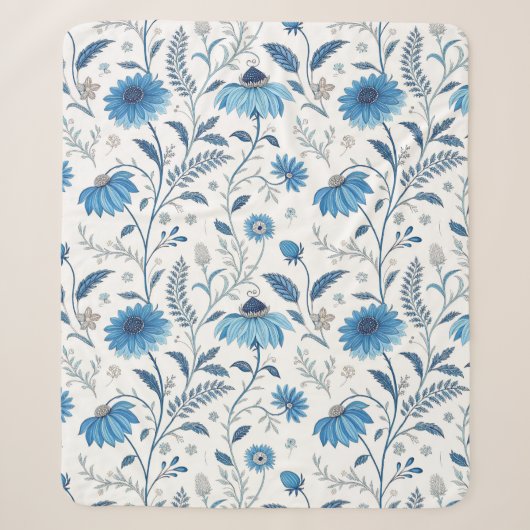 Chinoiserie Blue Echinacea Pattern シェルパブランケット (正面)