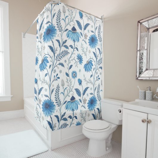 Chinoiserie Blue Echinacea Pattern シャワーカーテン (インサイチュ)