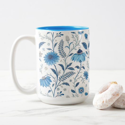 Chinoiserie Blue Echinacea Pattern ツートーンマグカップ (ドーナツ)