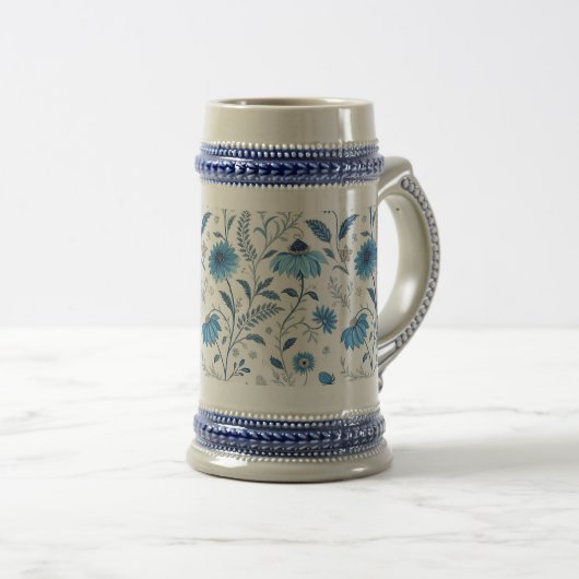 Chinoiserie Blue Echinacea Pattern ビールジョッキ (正面右)