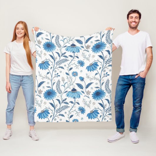 Chinoiserie Blue Echinacea Pattern フリースブランケット (インサイチュ)