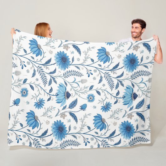 Chinoiserie Blue Echinacea Pattern フリースブランケット (インサイチュ)