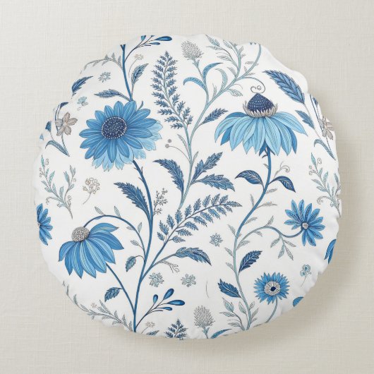 Chinoiserie Blue Echinacea Pattern ラウンドクッション (正面)
