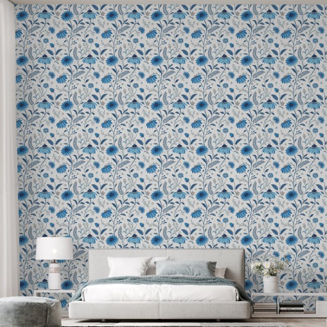 Chinoiserie Blue Echinacea Pattern 壁紙 (寝室)