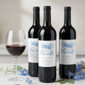 Chinoiserie Blue Floral Classic Wedding Monogram ワインラベル